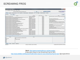 SCREAMING FROG




                                   Get it: http://www.screamingfrog.co.uk/seo-spider/
                                   8 Alternative Ways to Use Screaming Frog for SEO
         http://www.distilled.net/blog/seo/8-alternative-ways-to-use-screaming-frog-for-seo/ (@craigbradford)

 @ipullrank
 