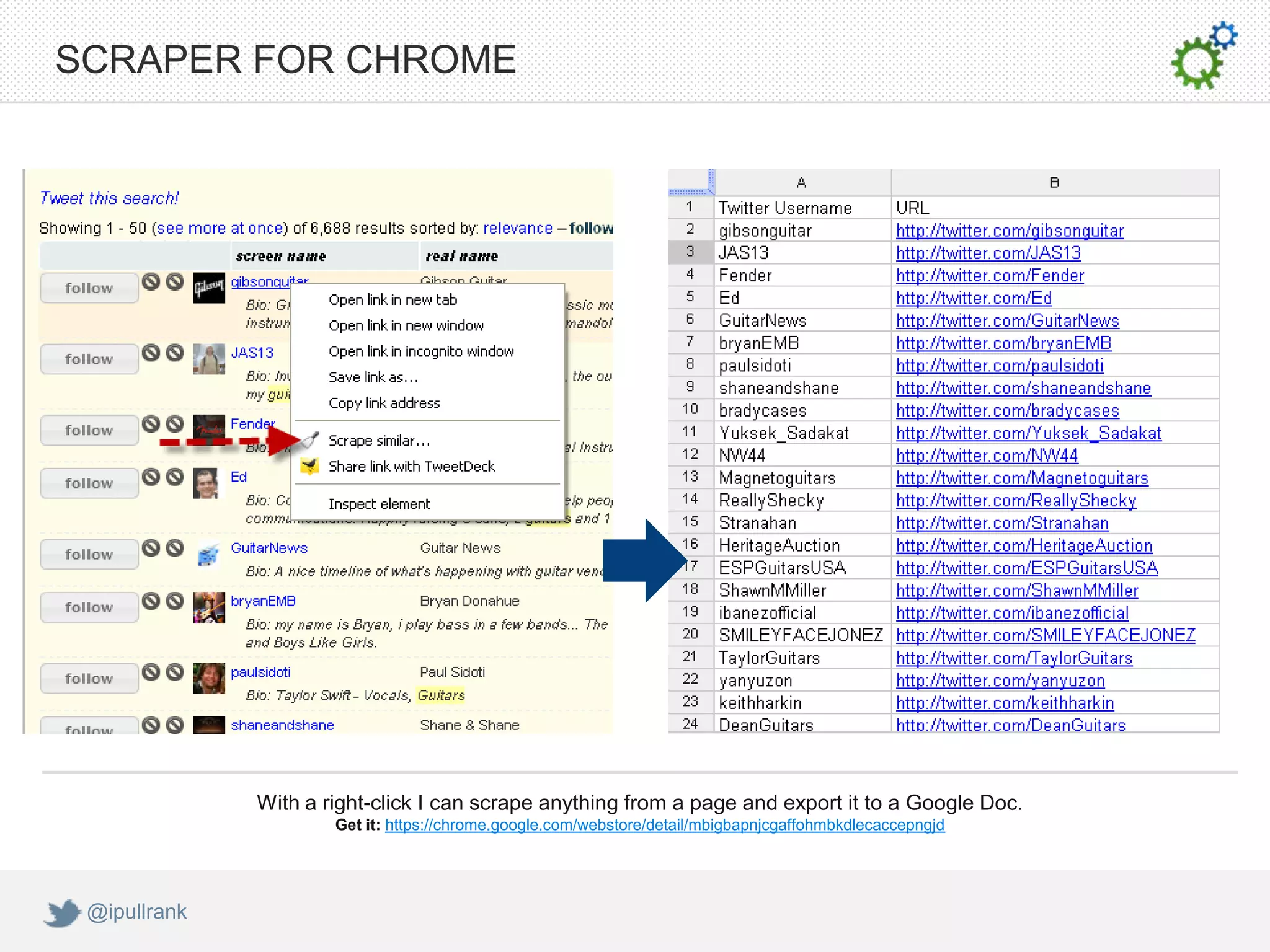SCRAPER FOR CHROME




              With a right-click I can scrape anything from a page and export it to a Google Doc.
                      Get it: https://chrome.google.com/webstore/detail/mbigbapnjcgaffohmbkdlecaccepngjd




 @ipullrank
 