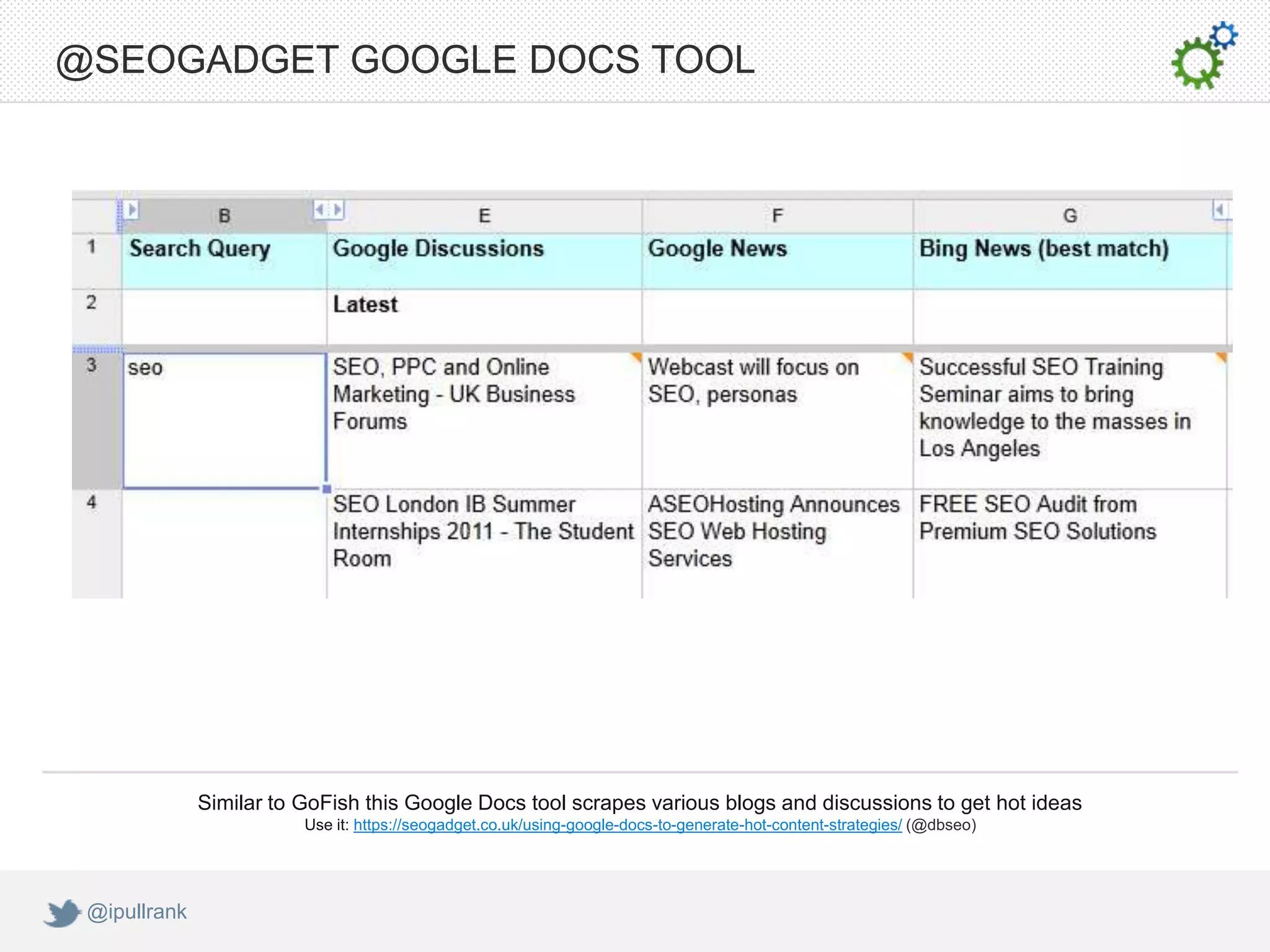 @SEOGADGET GOOGLE DOCS TOOL




              Similar to GoFish this Google Docs tool scrapes various blogs and discussions to get hot ideas
                         Use it: https://seogadget.co.uk/using-google-docs-to-generate-hot-content-strategies/ (@dbseo)




 @ipullrank
 
