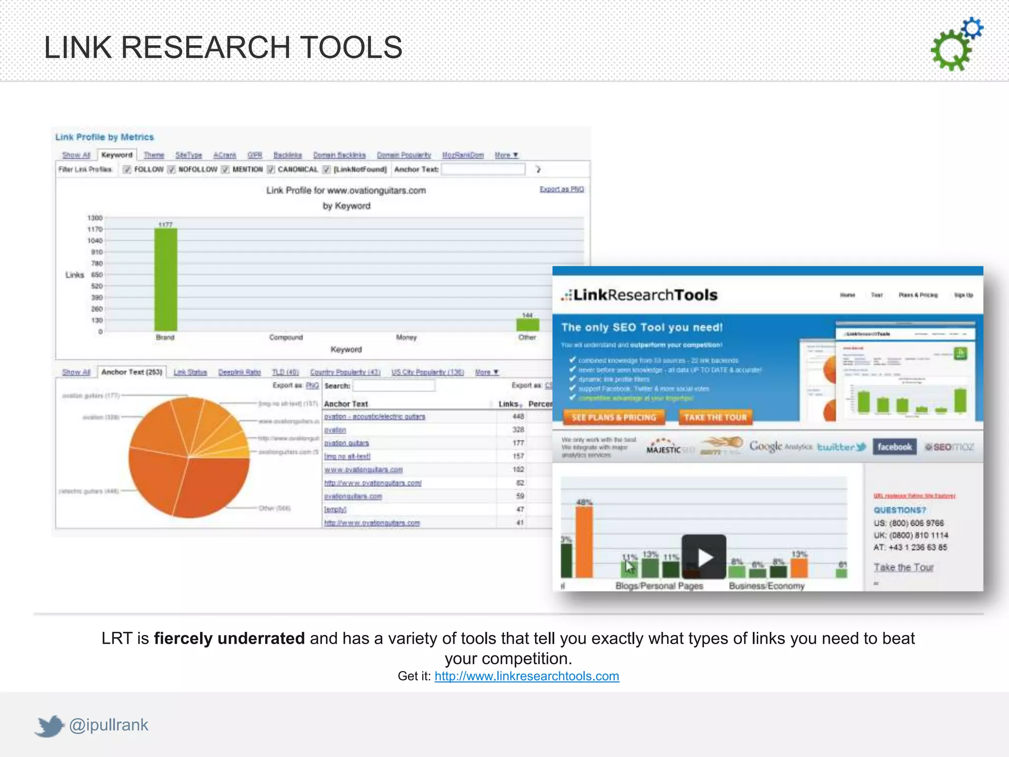 LINK RESEARCH TOOLS




     LRT is fiercely underrated and has a variety of tools that tell you exactly what types of links you need to beat
                                                  your competition.
                                             Get it: http://www.linkresearchtools.com


 @ipullrank
 