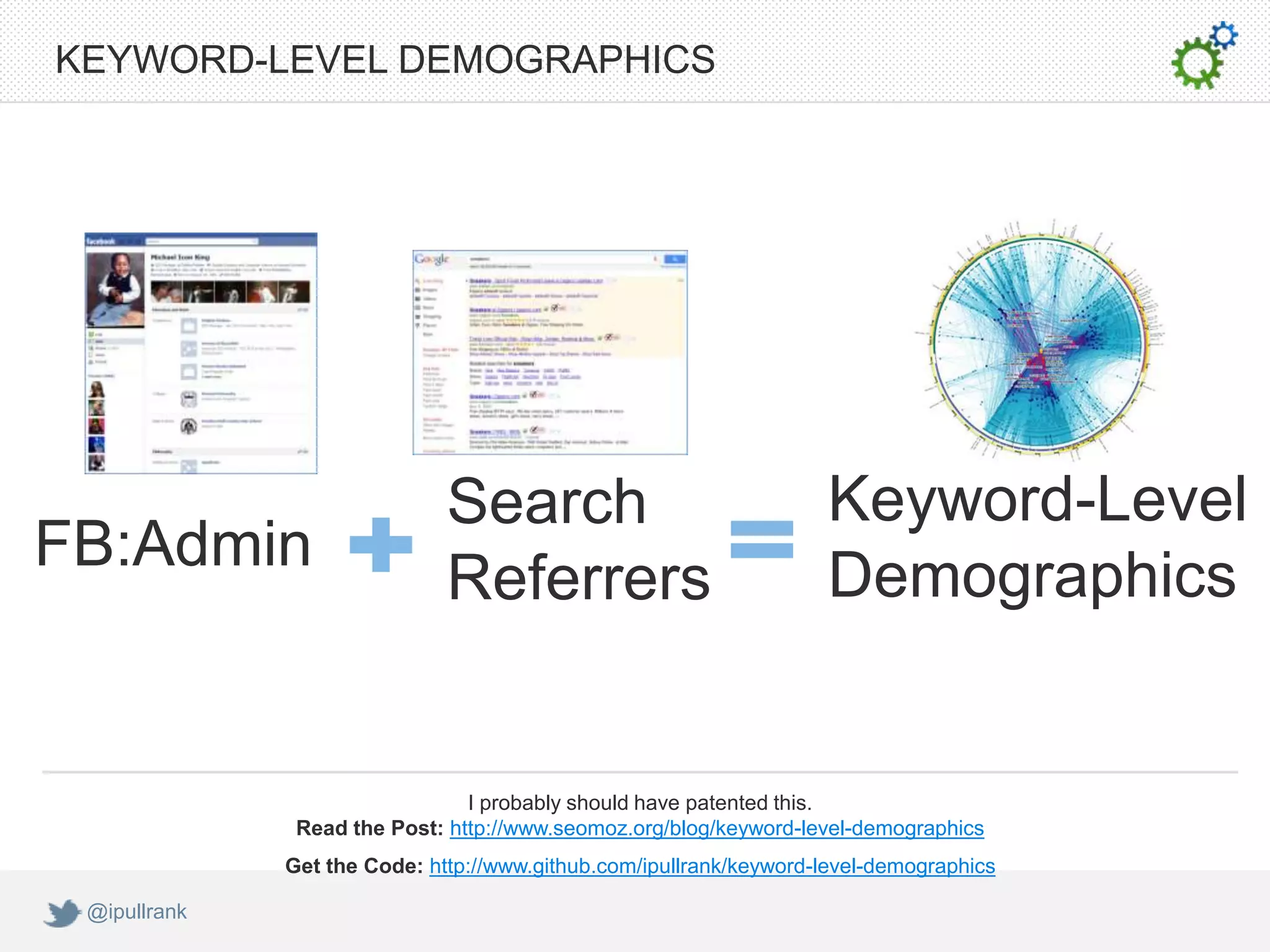 KEYWORD-LEVEL DEMOGRAPHICS




                              Search                                Keyword-Level
FB:Admin                                                            Demographics
                              Referrers


                                I probably should have patented this.
               Read the Post: http://www.seomoz.org/blog/keyword-level-demographics
              Get the Code: http://www.github.com/ipullrank/keyword-level-demographics

 @ipullrank
 