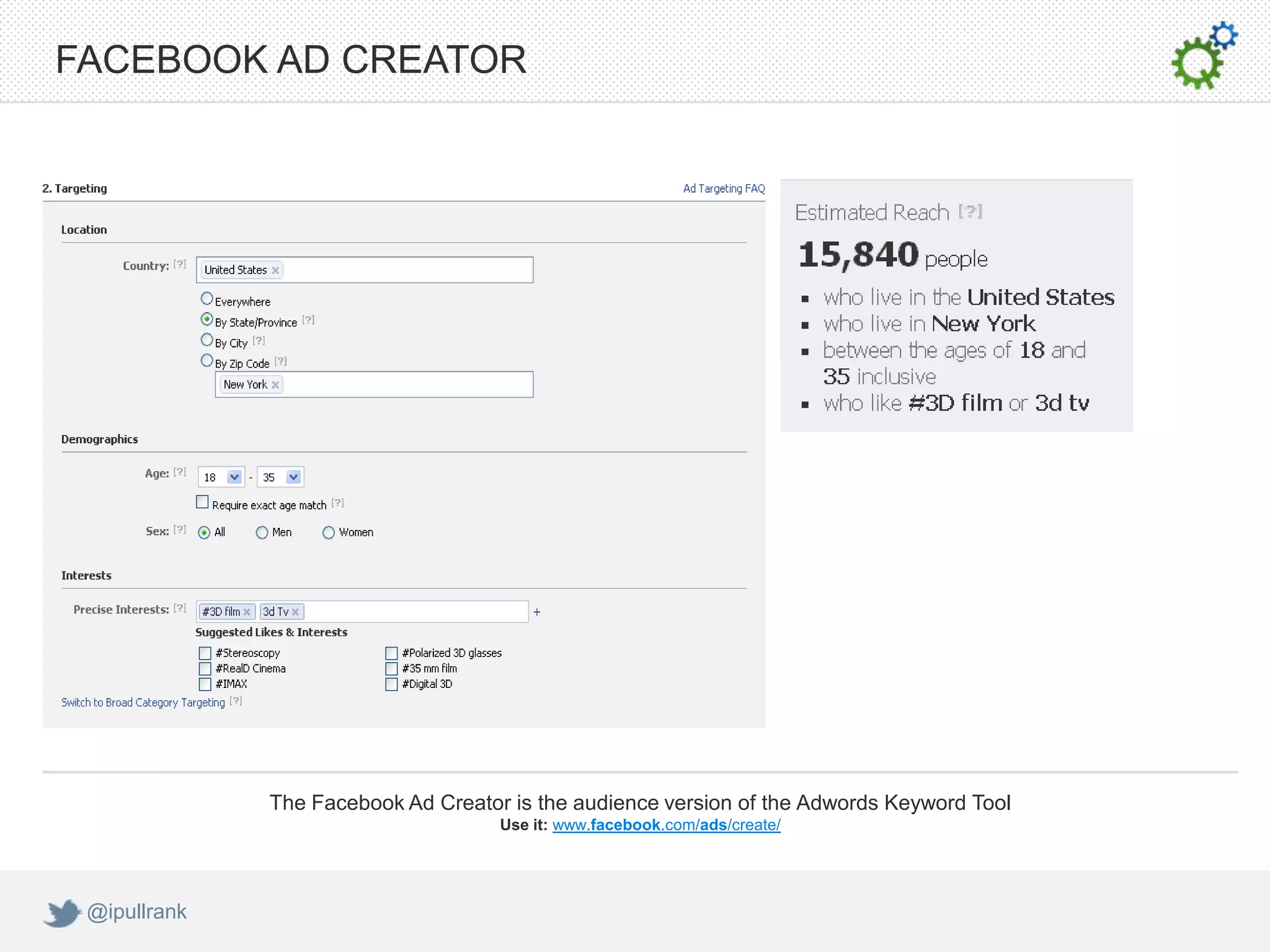 FACEBOOK AD CREATOR




              The Facebook Ad Creator is the audience version of the Adwords Keyword Tool
                                     Use it: www.facebook.com/ads/create/




 @ipullrank
 