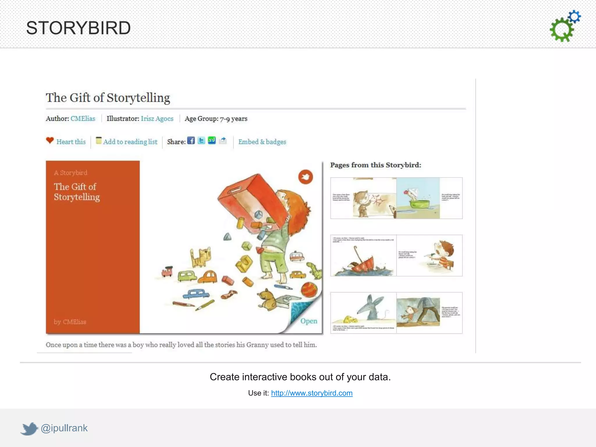 STORYBIRD




              Create interactive books out of your data.
                      Use it: http://www.storybird.com



 @ipullrank
 