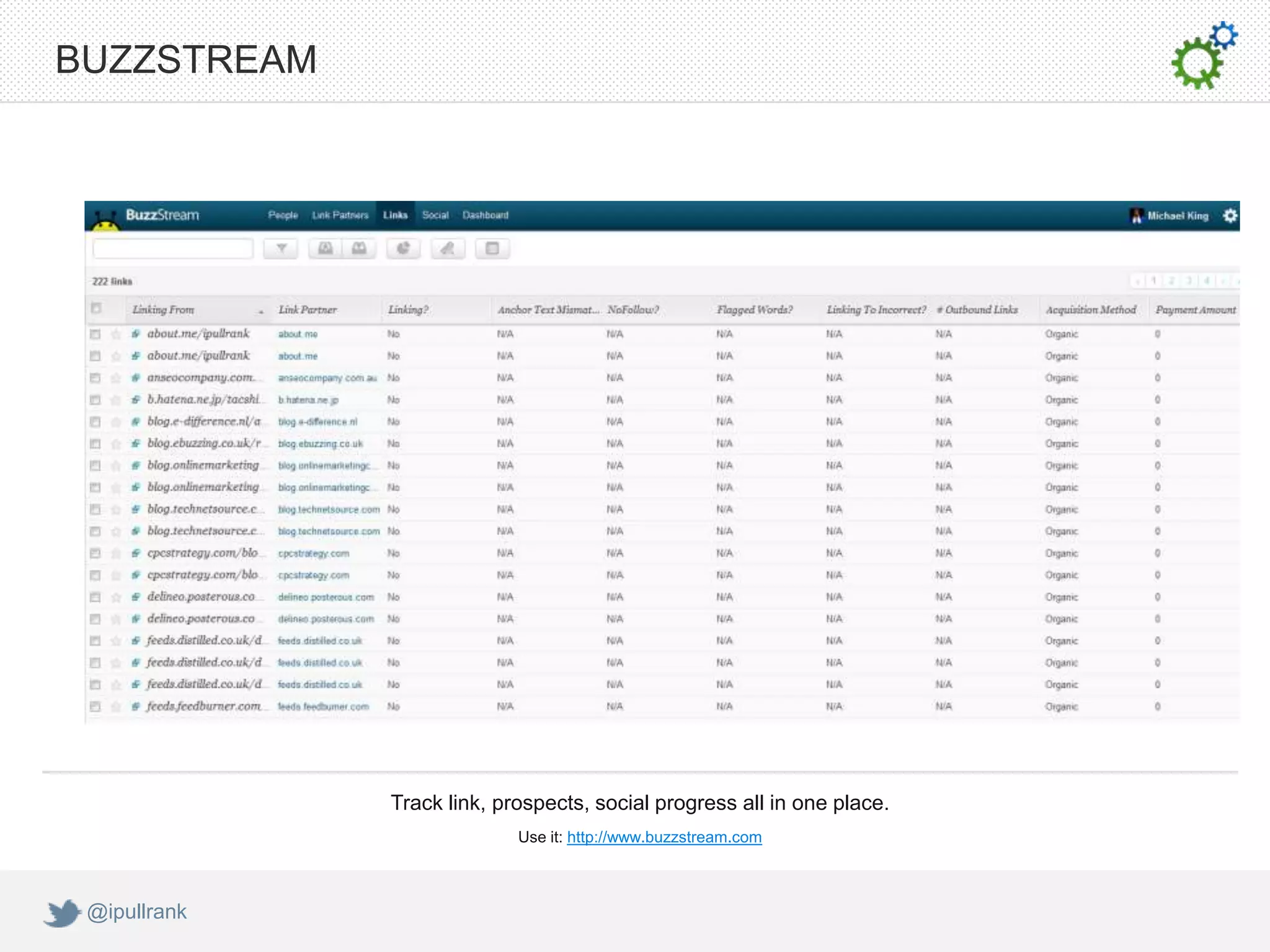 BUZZSTREAM




              Track link, prospects, social progress all in one place.
                            Use it: http://www.buzzstream.com



 @ipullrank
 