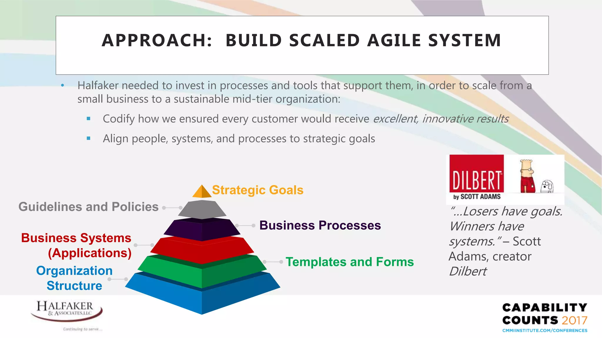Place YOUR LOGO here
• Halfaker needed to invest in processes and tools that support them, in order to scale from a
small business to a sustainable mid-tier organization:
 Codify how we ensured every customer would receive excellent, innovative results
 Align people, systems, and processes to strategic goals
APPROACH: BUILD SCALED AGILE SYSTEM
Strategic Goals
Business Processes
Templates and Forms
Business Systems
(Applications)
Guidelines and Policies
Organization
Structure
“…Losers have goals.
Winners have
systems.” – Scott
Adams, creator
Dilbert
 