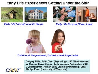 Early Life Experiences Getting Under the Skin




Early Life Socio-Economic Status             Early Life Parental Stress Level




           Childhood Temperament, Behavior, and Trajectories

                 Gregory Miller, Edith Chen (Psychology, UBC / Northwestern)
                 W. Thomas Boyce (Human Early Learning Partnership, UBC)
                 Clyde Hertzman (Human Early Learning Partnership, UBC)
                 Marilyn Essex (University of Wisconsin)
 