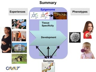 Summary
              Epigenome
Experiences                 Phenotypes



              Tissue
              Specificity



              Development




               Genome
 
