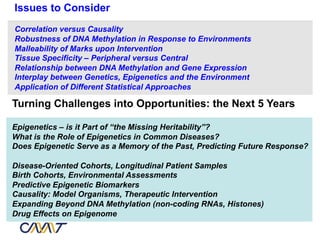Issues to Consider
Correlation versus Causality
Robustness of DNA Methylation in Response to Environments
Malleability of Marks upon Intervention
Tissue Specificity – Peripheral versus Central
Relationship between DNA Methylation and Gene Expression
Interplay between Genetics, Epigenetics and the Environment
Application of Different Statistical Approaches

Turning Challenges into Opportunities: the Next 5 Years

Epigenetics – is it Part of “the Missing Heritability”?
What is the Role of Epigenetics in Common Diseases?
Does Epigenetic Serve as a Memory of the Past, Predicting Future Response?

Disease-Oriented Cohorts, Longitudinal Patient Samples
Birth Cohorts, Environmental Assessments
Predictive Epigenetic Biomarkers
Causality: Model Organisms, Therapeutic Intervention
Expanding Beyond DNA Methylation (non-coding RNAs, Histones)
Drug Effects on Epigenome
 