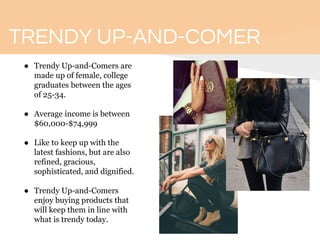 TRENDY UP-AND-COMER
● Trendy Up-and-Comers are
made up of female, college
graduates between the ages
of 25-34.
● Average income is between
$60,000-$74,999
● Like to keep up with the
latest fashions, but are also
refined, gracious,
sophisticated, and dignified.
● Trendy Up-and-Comers
enjoy buying products that
will keep them in line with
what is trendy today.
 