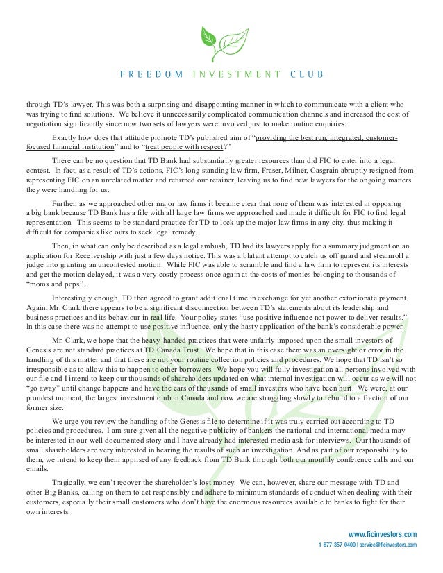 Michael Lathigee Writes Letter of Complaint to TD Bank
