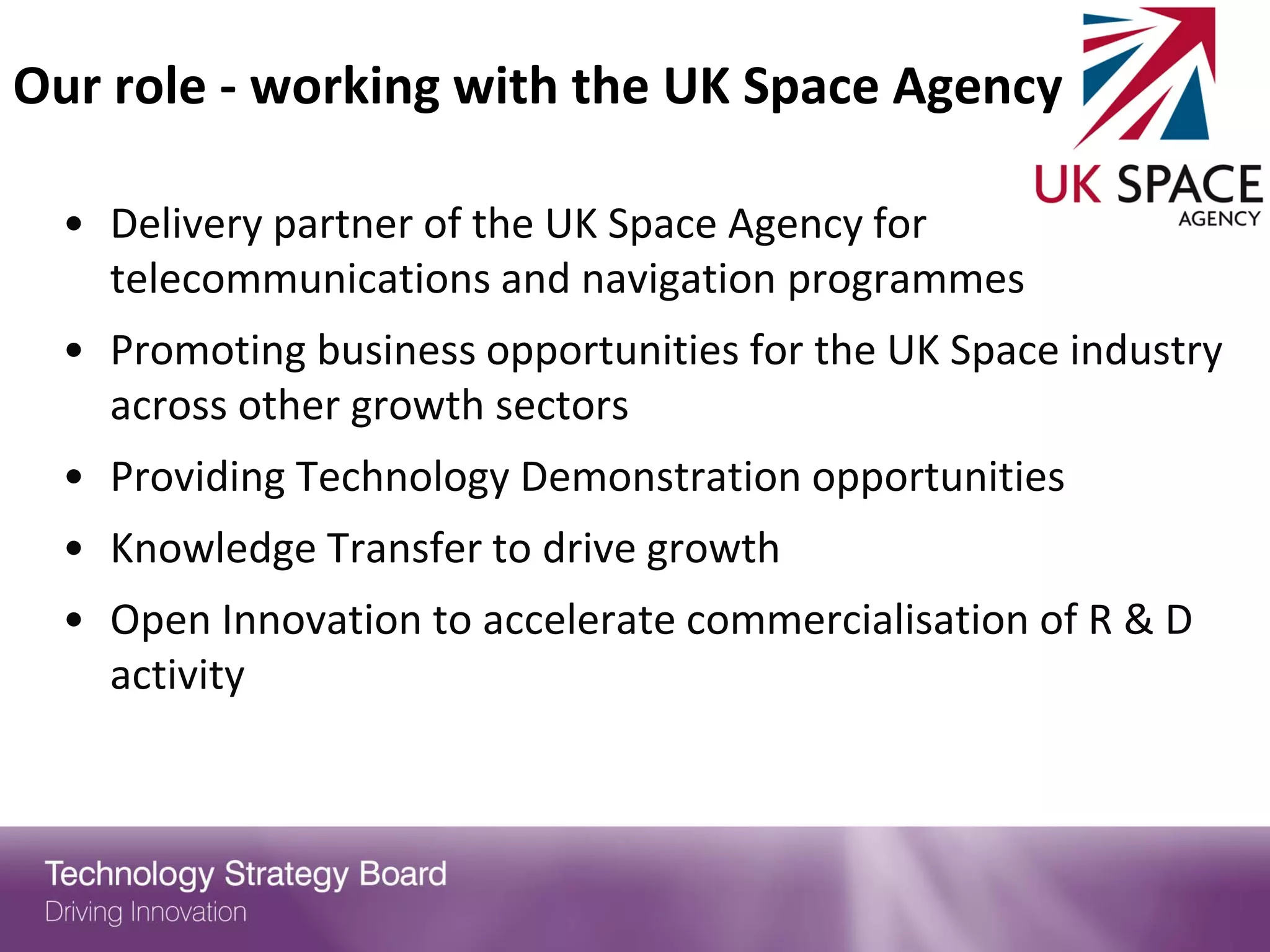 Our role - working with the UK Space Agency

  • Delivery partner of the UK Space Agency for
    telecommunications and navigation programmes
  • Promoting business opportunities for the UK Space industry
    across other growth sectors
  • Providing Technology Demonstration opportunities
  • Knowledge Transfer to drive growth
  • Open Innovation to accelerate commercialisation of R & D
    activity
 