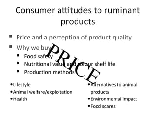  Price and a perception of product quality
 Why we buy:
 Food safety
 Nutritional value and colour shelf life
 Production methods
•Lifestyle
•Animal welfare/exploitation
•Health
•Alternatives to animal
products
•Environmental impact
•Food scares
PRICE
 
