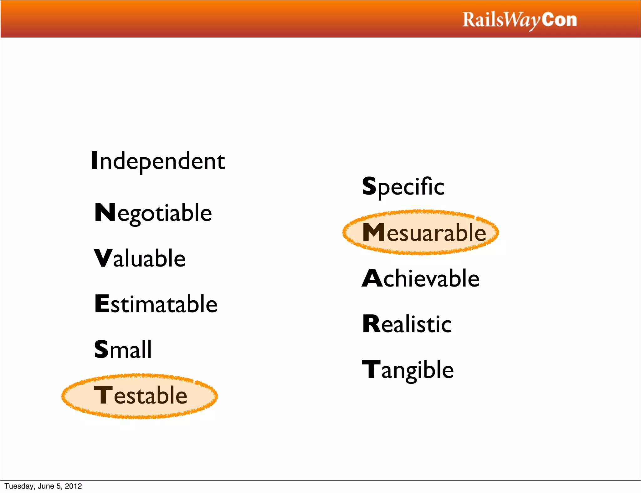 Independent
                                      Speciﬁc
                        Negotiable
                                      Mesuarable
                        Valuable
                                      Achievable
                        Estimatable
                                      Realistic
                        Small
                                      Tangible
                        Testable


Tuesday, June 5, 2012
 
