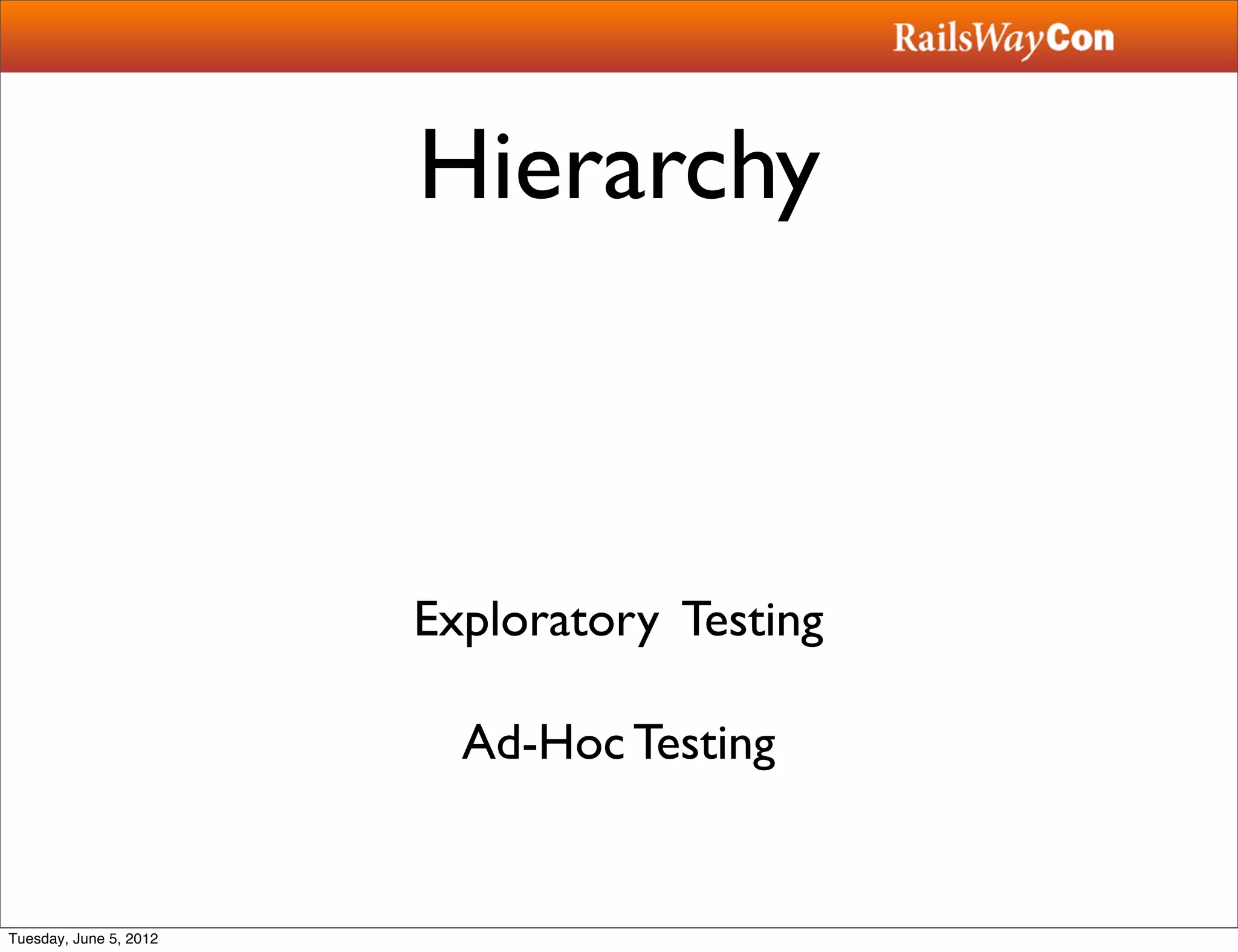 Hierarchy



                        Exploratory Testing

                          Ad-Hoc Testing


Tuesday, June 5, 2012
 
