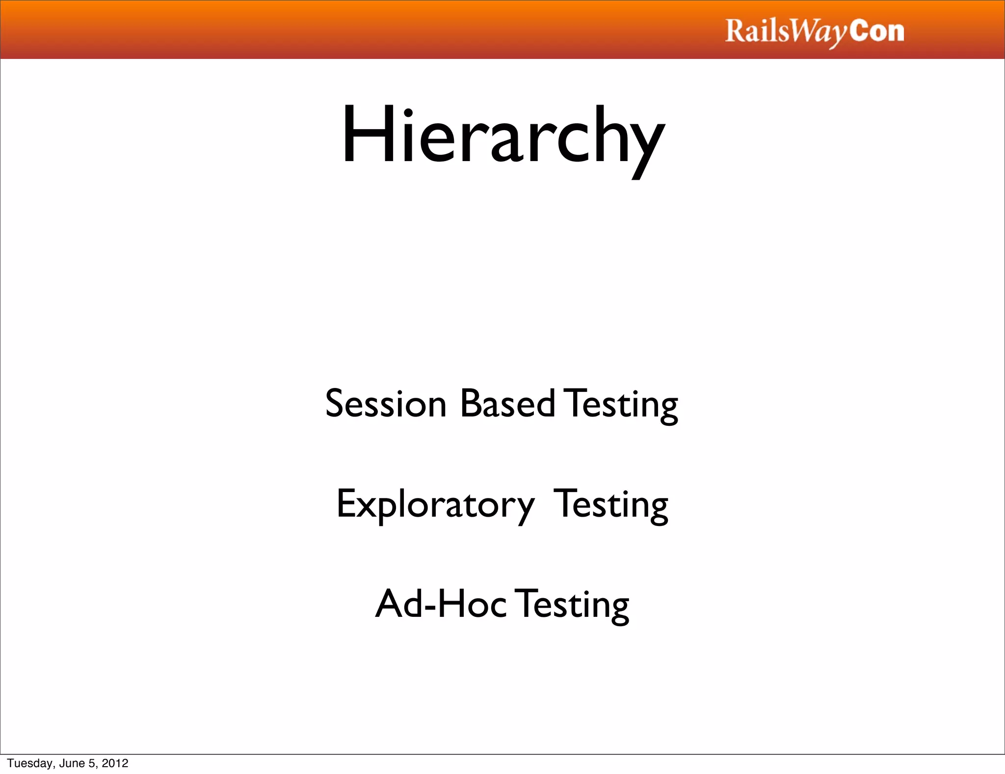 Hierarchy


                        Session Based Testing

                        Exploratory Testing

                          Ad-Hoc Testing


Tuesday, June 5, 2012
 