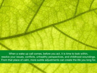 When a wake up call comes, before you act, it is time to look within, 

resolve your issues, conﬂicts, unhealthy perspectives, and childhood woundings.  
From that place of calm, more subtle adjustments can create the life you long for.
 