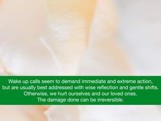 Wake up calls seem to demand immediate and extreme action, 

but are usually best addressed with wise reﬂection and gentle shifts.  
Otherwise, we hurt ourselves and our loved ones.  

The damage done can be irreversible.
 