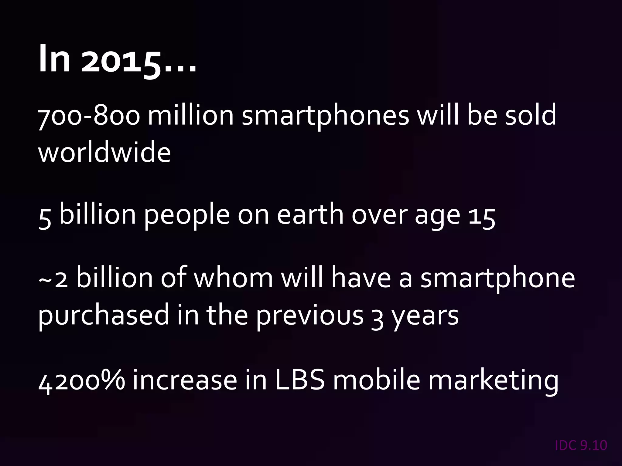 In 2015…700-800 million smartphones will be sold worldwide5 billion people on earth over age 15~2 billion of whom will have a smartphone purchased in the previous 3 years4200% increase in LBS mobile marketingIDC 9.10