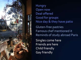 Hungry
Open now
Deal offered
Good for groups
Nice day & they have patio
Gluten-free pastries
Famous chef mentioned it
Reminds of study abroad Paris
Singles come here
Friends are here
Child friendly
Gay friendly
 