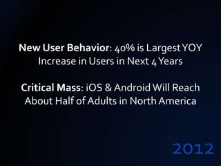 New User Behavior: 40% is Largest YOY
   Increase in Users in Next 4 Years

Critical Mass: iOS & Android Will Reach
 About Half of Adults in North America



                                2012
 