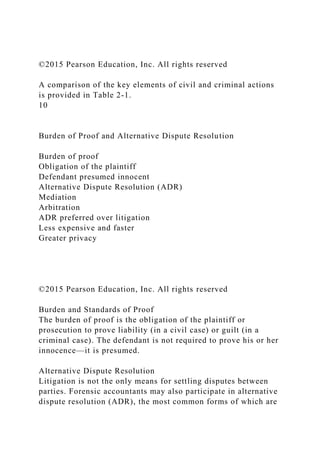 ©2015 Pearson Education, Inc. All rights reserved
A comparison of the key elements of civil and criminal actions
is provided in Table 2-1.
10
Burden of Proof and Alternative Dispute Resolution
Burden of proof
Obligation of the plaintiff
Defendant presumed innocent
Alternative Dispute Resolution (ADR)
Mediation
Arbitration
ADR preferred over litigation
Less expensive and faster
Greater privacy
©2015 Pearson Education, Inc. All rights reserved
Burden and Standards of Proof
The burden of proof is the obligation of the plaintiff or
prosecution to prove liability (in a civil case) or guilt (in a
criminal case). The defendant is not required to prove his or her
innocence—it is presumed.
Alternative Dispute Resolution
Litigation is not the only means for settling disputes between
parties. Forensic accountants may also participate in alternative
dispute resolution (ADR), the most common forms of which are
 