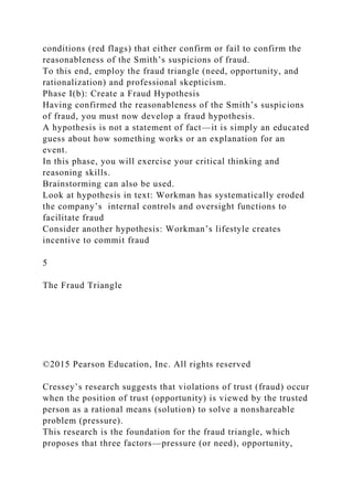 conditions (red flags) that either confirm or fail to confirm the
reasonableness of the Smith’s suspicions of fraud.
To this end, employ the fraud triangle (need, opportunity, and
rationalization) and professional skepticism.
Phase I(b): Create a Fraud Hypothesis
Having confirmed the reasonableness of the Smith’s suspicions
of fraud, you must now develop a fraud hypothesis.
A hypothesis is not a statement of fact—it is simply an educated
guess about how something works or an explanation for an
event.
In this phase, you will exercise your critical thinking and
reasoning skills.
Brainstorming can also be used.
Look at hypothesis in text: Workman has systematically eroded
the company’s internal controls and oversight functions to
facilitate fraud
Consider another hypothesis: Workman’s lifestyle creates
incentive to commit fraud
5
The Fraud Triangle
©2015 Pearson Education, Inc. All rights reserved
Cressey’s research suggests that violations of trust (fraud) occur
when the position of trust (opportunity) is viewed by the trusted
person as a rational means (solution) to solve a nonshareable
problem (pressure).
This research is the foundation for the fraud triangle, which
proposes that three factors—pressure (or need), opportunity,
 
