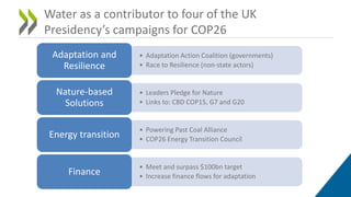 Water as a contributor to four of the UK
Presidency’s campaigns for COP26
• Adaptation Action Coalition (governments)
• Ra...