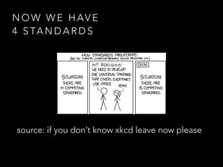 source: if you don’t know xkcd leave now please
N O W W E H AV E
4 S TA N D A R D S
 