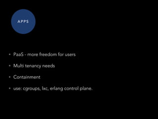• PaaS - more freedom for users
• Multi tenancy needs
• Containment
• use: cgroups, lxc, erlang control plane.
A P P S
 