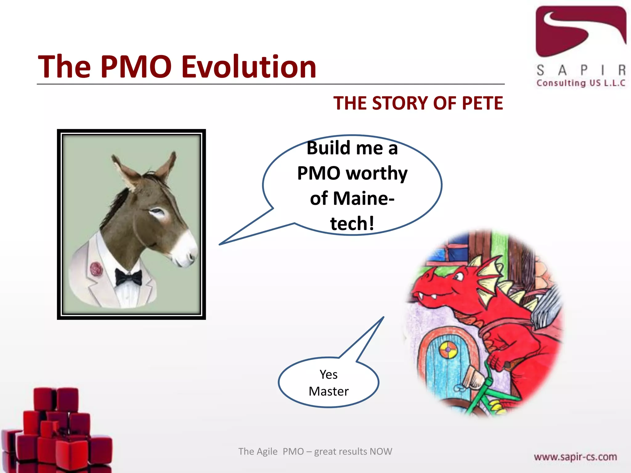 The PMO Evolution
Build me a
PMO worthy
of Maine-
tech!
Yes
Master
THE STORY OF PETE
The Agile PMO – great results NOW
 