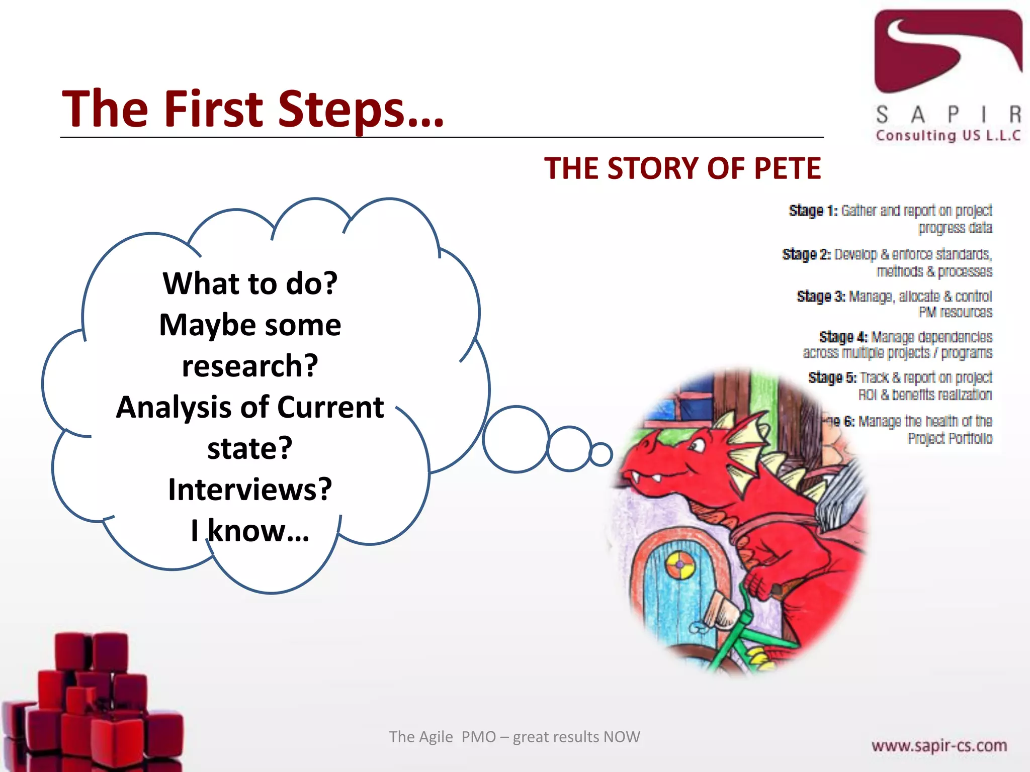 The First Steps…
What to do?
Maybe some
research?
Analysis of Current
state?
Interviews?
I know…
THE STORY OF PETE
The Agile PMO – great results NOW
 