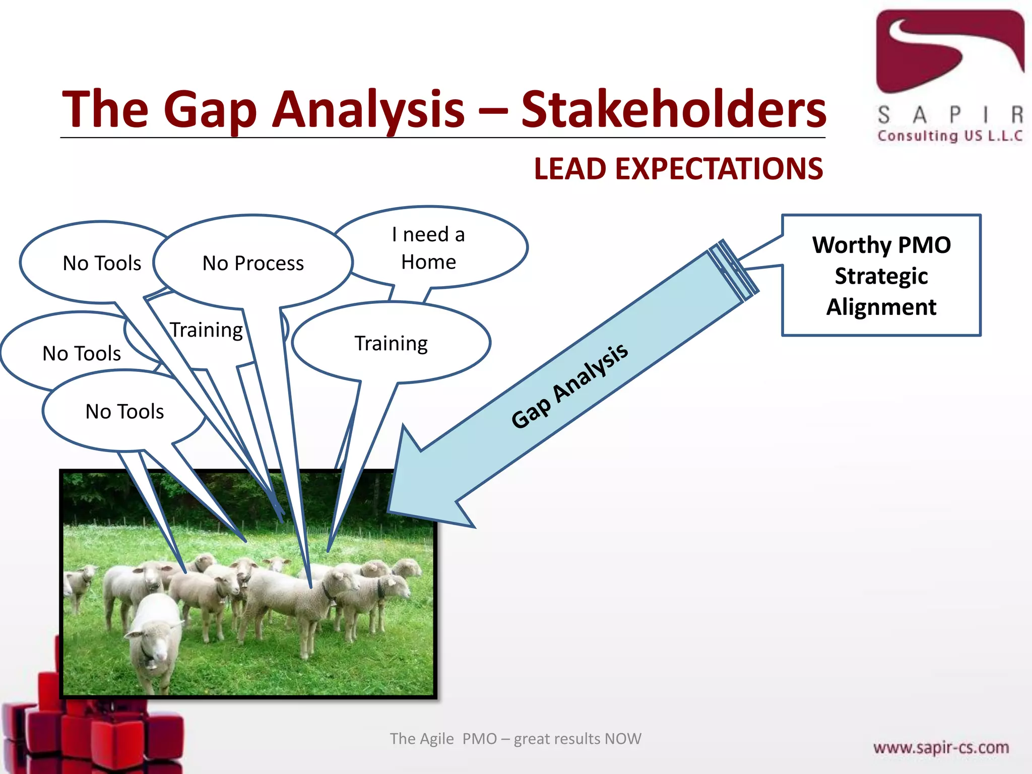 I need a
Home
The Gap Analysis – Stakeholders
Worthy PMO
Strategic
Alignment
No Tools
No Tools
Training
Training
No Tools No Process
LEAD EXPECTATIONS
The Agile PMO – great results NOW
 