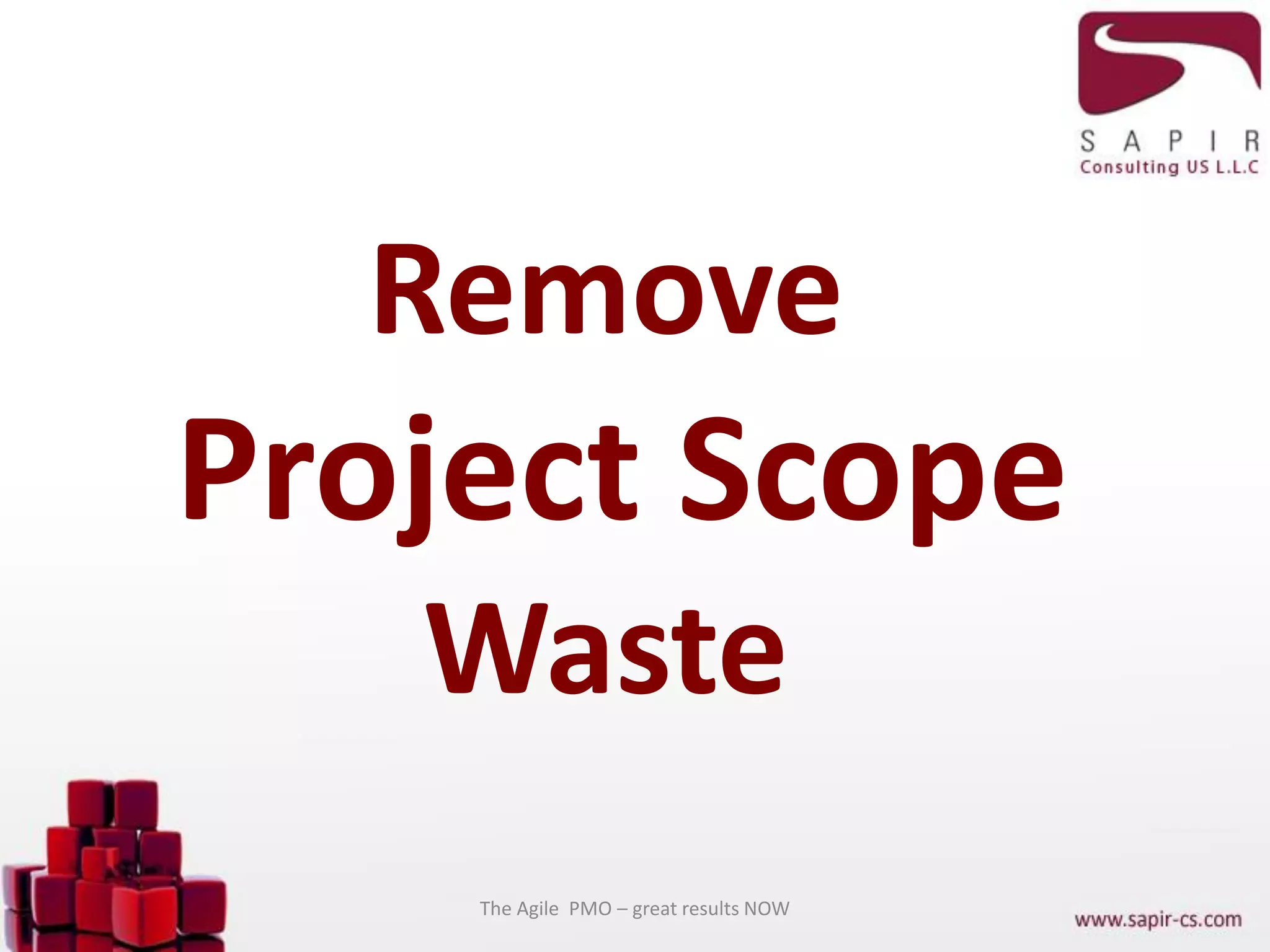 Remove
Project Scope
Waste
The Agile PMO – great results NOW
 