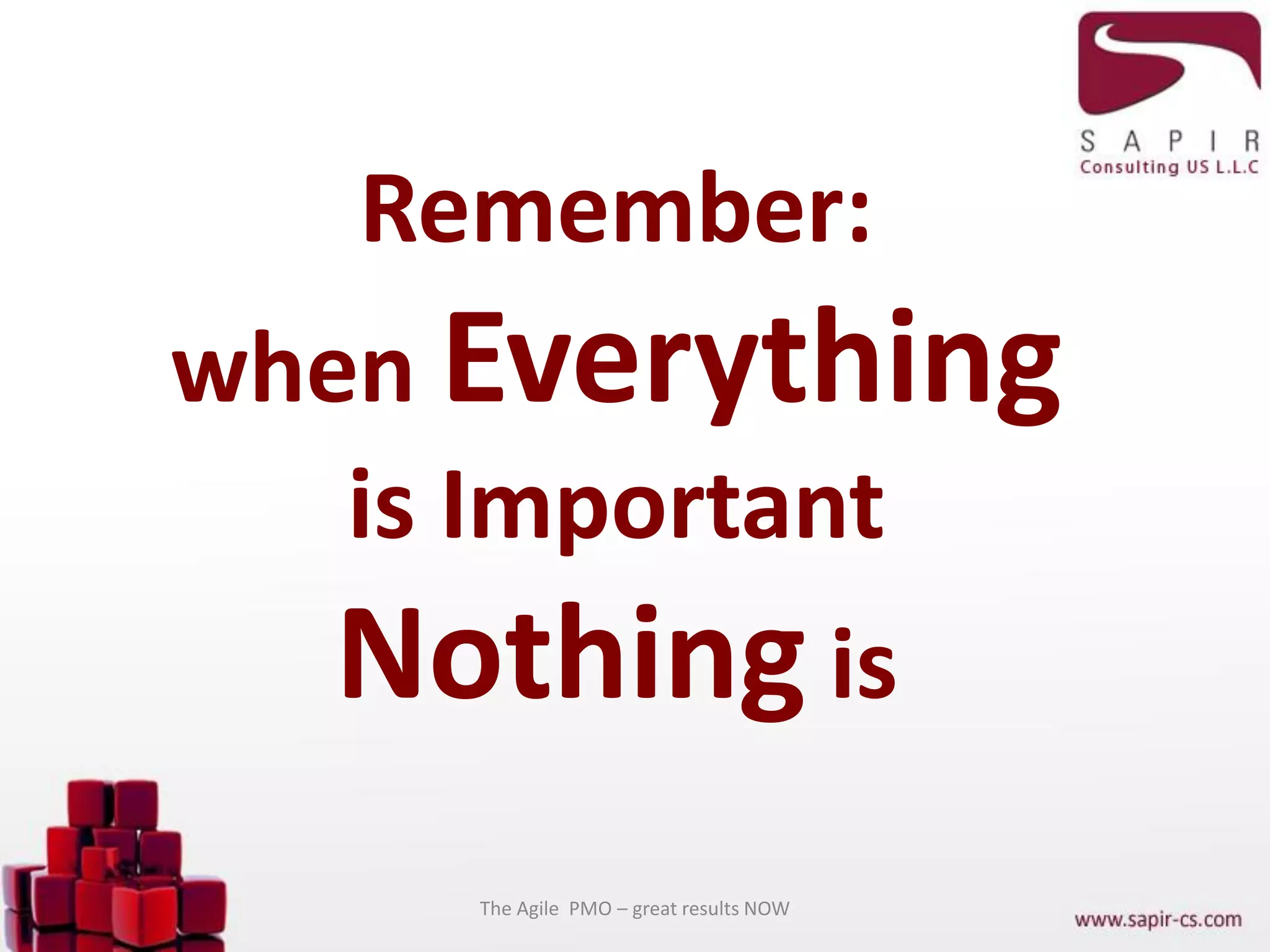 Remember:
when Everything
is Important
Nothing is
The Agile PMO – great results NOW
 