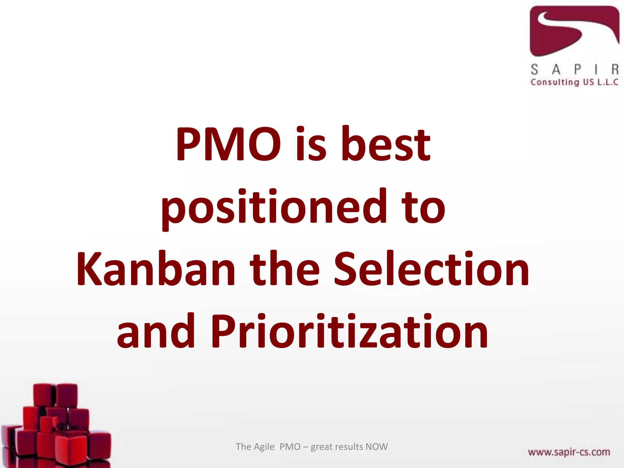 PMO is best
positioned to
Kanban the Selection
and Prioritization
The Agile PMO – great results NOW
 