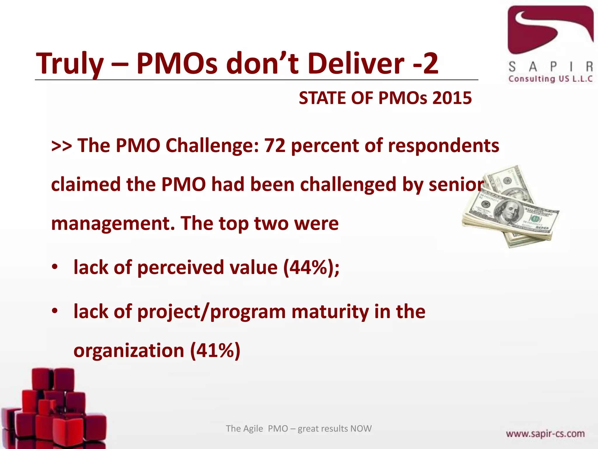 Truly – PMOs don’t Deliver -2
STATE OF PMOs 2015
The Agile PMO – great results NOW
>> The PMO Challenge: 72 percent of respondents
claimed the PMO had been challenged by senior
management. The top two were
• lack of perceived value (44%);
• lack of project/program maturity in the
organization (41%)
 