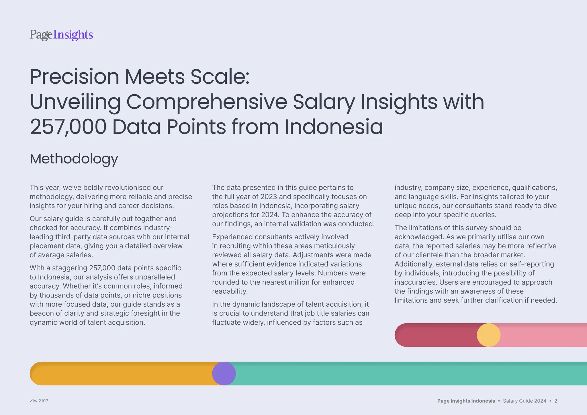 Page Insights Indonesia • Salary Guide 2024 • 2
This year, we’ve boldly revolutionised our
methodology, delivering more reliable and precise
insights for your hiring and career decisions.
Our salary guide is carefully put together and
checked for accuracy. It combines industry-
leading third-party data sources with our internal
placement data, giving you a detailed overview
of average salaries.
With a staggering 257,000 data points specific
to Indonesia, our analysis offers unparalleled
accuracy. Whether it’s common roles, informed
by thousands of data points, or niche positions
with more focused data, our guide stands as a
beacon of clarity and strategic foresight in the
dynamic world of talent acquisition.
The data presented in this guide pertains to
the full year of 2023 and specifically focuses on
roles based in Indonesia, incorporating salary
projections for 2024. To enhance the accuracy of
our findings, an internal validation was conducted.
Experienced consultants actively involved
in recruiting within these areas meticulously
reviewed all salary data. Adjustments were made
where sufficient evidence indicated variations
from the expected salary levels. Numbers were
rounded to the nearest million for enhanced
readability.
In the dynamic landscape of talent acquisition, it
is crucial to understand that job title salaries can
fluctuate widely, influenced by factors such as
industry, company size, experience, qualifications,
and language skills. For insights tailored to your
unique needs, our consultants stand ready to dive
deep into your specific queries.
The limitations of this survey should be
acknowledged. As we primarily utilise our own
data, the reported salaries may be more reflective
of our clientele than the broader market.
Additionally, external data relies on self-reporting
by individuals, introducing the possibility of
inaccuracies. Users are encouraged to approach
the findings with an awareness of these
limitations and seek further clarification if needed.
Precision Meets Scale:
Unveiling Comprehensive Salary Insights with
257,000 Data Points from Indonesia
Methodology
v1w.2103
 