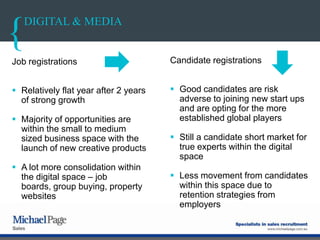 DIGITAL & MEDIA
Job registrations
 Relatively flat year after 2 years
of strong growth
 Majority of opportunities are
within the small to medium
sized business space with the
launch of new creative products
 A lot more consolidation within
the digital space – job
boards, group buying, property
websites
Candidate registrations
 Good candidates are risk
adverse to joining new start ups
and are opting for the more
established global players
 Still a candidate short market for
true experts within the digital
space
 Less movement from candidates
within this space due to
retention strategies from
employers
 