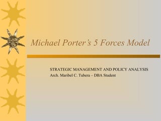 Michael Porter’s 5 Forces Model
STRATEGIC MANAGEMENT AND POLICY ANALYSIS
Arch. Maribel C. Tubera – DBA Student
 
