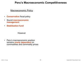 Peru’s Macroeconomic Competitiveness

                      Macroeconomic Policy

        • Conservative fiscal policy
        • Sound macroeconomic
          management
        • Stabilization fund


                            However


        • Peru’s macroeconomic position
          remains overly dependent on
          commodities and commodity prices




20091130 – Peru.ppt                          22             Copyright 2009 © Professor Michael E. Porter
 