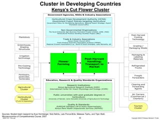 Cluster in Developing Countries
                                                      Kenya’s Cut Flower Cluster




Sources: Student team research by Kusi Hornberger, Nick Ndiritu, Lalo Ponce-Brito, Melesse Tashu, and Tijan Watt,
Microeconomics of Competitiveness Course, 2007
20091130 – Peru.ppt                                                                 32                              Copyright 2009 © Professor Michael E. Porter
 