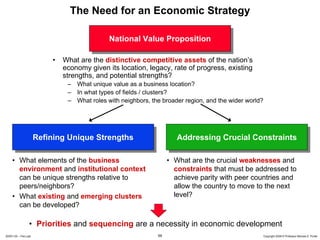 The Need for an Economic Strategy

                                             National Value Proposition
                                             National Value Proposition

                          •   What are the distinctive competitive assets of the nation’s
                              economy given its location, legacy, rate of progress, existing
                              strengths, and potential strengths?
                               – What unique value as a business location?
                               – In what types of fields / clusters?
                               – What roles with neighbors, the broader region, and the wider world?




                      Refining Unique Strengths
                      Refining Unique Strengths                       Addressing Crucial Constraints
                                                                      Addressing Crucial Constraints

     • What elements of the business                               • What are the crucial weaknesses and
       environment and institutional context                         constraints that must be addressed to
       can be unique strengths relative to                           achieve parity with peer countries and
       peers/neighbors?                                              allow the country to move to the next
     • What existing and emerging clusters                           level?
       can be developed?

                 • Priorities and sequencing are a necessity in economic development
20091130 – Peru.ppt                                           59                                       Copyright 2009 © Professor Michael E. Porter
 
