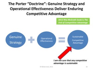 The Porter “Doctrine”: Genuine Strategy and
Operational Effectiveness Deliver Enduring
Competitive Advantage
2013 Rita McGrath book is The
End of Competitive Advantage

Genuine
Strategy

Operational
Effectiveness

Sustainable
Competitive
Advantage

I am not sure that any competitive
advantage is sustainable
© McDermott, 2014.

18

 