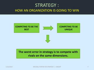 STRATEGY : 
HOW AN ORGANIZATION IS GOING TO WIN 
COMPETING TO BE THE 
BEST 
COMPETING TO BE 
UNIQUE 
The worst error in strategy is to compete with 
rivals on the same dimensions. 
11/6/2014 MICHAEL PORTER ON STRATEGY | I ANOOP 7 
 