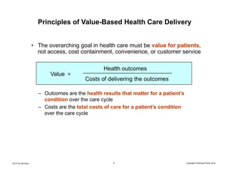 Principles of Value-Based Health Care Delivery


                    • The overarching goal in health care must be value for patients,
                      not access, cost containment, convenience, or customer service

                                                 Health outcomes
                           Value =
                                         Costs of delivering the outcomes

                      – Outcomes are the health results that matter for a patient’s
                        condition over the care cycle
                      – Costs are the total costs of care for a patient’s condition
                        over the care cycle




2012.5.8_Mt Sinai                                    5                                Copyright © Michael Porter 2012
 