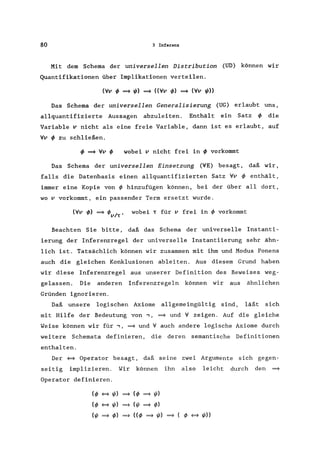 80 3 Inferenz
Mit dem Schema der universellen Distribution (UD) können wir
Quantifikationen über Implikationen verteilen.
(Vv rf' ~ 1/1) ~ ((Vv rf') ~ (Vv 1/1»
Das Schema der universellen Generalisierung (UG) erlaubt uns,
allquantifizierte Aussagen abzuleiten. Enthält ein Satz rf' die
Variable v nicht als eine freie Variable, dann ist es erlaubt, auf
Vv rf' zu schließen.
wobei v nicht frei in rf' vorkommt
Das Schema der universellen Einsetzung (VE) besagt, daß wir,
falls die Datenbasis einen allquantifizierten Satz Vv rf' enthält,
immer eine Kopie von rf' hinzufügen können, bei der über all dort,
wo v vorkommt, ein passender Term ersetzt wurde.
(Vv rf') ~ rf'vl7:' wobei T für v frei in rf' vorkommt
Beachten Sie bitte, daß das Schema der universelle Instanti-
ierung der Inferenzregel der universelle Instantiierung sehr ähn-
lich ist. Tatsächlich können wir zusammen mit ihm und Modus Ponens
auch die gleichen Konklusionen ableiten. Aus diesem Grund haben
wir diese Inferenzregel aus unserer Definition des Beweises weg-
gelassen. Die anderen Inferenzregeln können wir aus ähnlichen
Gründen ignorieren.
Daß unsere logischen Axiome allgemeingültig sind, läßt sich
mit Hilfe der Bedeutung von " ~ und V zeigen. Auf die gleiche
Weise können wir für " ~ und V auch andere logische Axiome durch
weitere Schemata definieren, die deren semantische Definitionen
enthalten.
Der ~ Operator besagt, daß seine
seitig implizieren. Wir können ihn
Operator definieren.
(rf' ~ 1/1) ~ (rf' ~ 1/1)
(rf' ~ 1/1) ~ (1/1 ~ rf')
zwei Argumente sich gegen-
also leicht durch den ~
(1/1 ==> rf') ~ «rf' ~ 1/1) ~ ( rf' ~ 1/1))
 