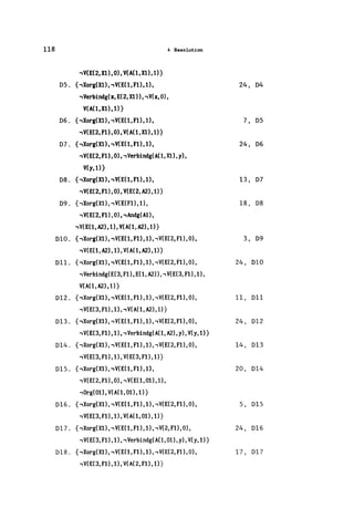 118 4 Resolution
,V(E(2,Xl),O),V(A(I,Xl),l)}
DS. {,Xorg(XI), ,V(E(1, Fl),I), 24, D4
,Verbindg(x, E(2, Xl», ,V(x,O),
V(ACl, XI), I)}
D6. {,Xorg(XI), ,V(E(l, FI), 1), 7, DS
,V(E(2,Fl),0),V(A(1,Xl),I)}
D7. {,Xorg(XI), ,V(E(1, Fl), 1), 24, D6
,V(E(2, Fl), 0), ,Verbindg(A(1, X1), y),
V(y,l)}
D8. {,Xorg(X1), ,V(E(1, Fl), 1), 13, D7
,V(E(2,Fl),0),V(E(2,A2),1)}
D9. {,Xorg(X1), ,V(E(Fl), 1), 18, D8
,V(E(2, F1), 0), ,Andg(Al),
,V(E(I,A2),I),V(A(I,A2),I)}
D10. {,Xorg(XI), ,V(E(1, F1), 1),,V(E(2, Fl), 0), 3, D9
,V(E(I,A2),I),V(A(I,A2),I)}
D11. {,Xorg(X1), ,V(E(1, Fl), 1), .,V(E(2, Fl), 0), 24, D10
, Verbindg(E(3, F1), E( 1, A2», ,V(E(3, F1), 1),
V(A(1, A2), 1)}
D12. {,Xorg(X1), ,V(E(1, Fl), 1), .,V(E(2, Fl), 0), 11, D11
, V( E(3, Fl) , 1), , V( A( 1, A2) , 1) }
D13. {,Xorg(X1), ,V(E( 1, F1), 1), .,V(E(2, Fl), 0), 24, D12
,V(E(3,Fl),I)"Verbindg(A(I,A2),y),V(y,I)}
D14. {,Xorg(X1), ,V(E( 1, Fl), 1), ,V(E(2, Fl), 0), 14, D13
,V(E(3,Fl),1),V(E(3,F1),1)}
DIS. {.,Xorg(X1), ,V(E( 1, F1), 1), 20, D14
.,V(E(2, Fl), 0), ,V(E( 1, 01),1),
,Org(01),V(A(1,01),1)}
D16. {,Xorg(X1), ,V(E( 1, F1) ,1), ,V(E(2, Fl), 0), 5, DIS
,V(E(3,F1),1),V(A(1,01),1)}
D17. {,Xorg(X1), ,V(E( 1, Fl), 1), ,V(2, Fl), 0), 24, D16
,V(E(3, F1), 1), ...,Verbindg(A( 1, 01), y), V(y, 1)}
D18. {,Xorg(X1), ...,V(E( 1, Fl), 1), .,V(E(2, Fl), 0), 17, D17
.,V(E(3,Fl),1),V(A(2,F1),I)}
 