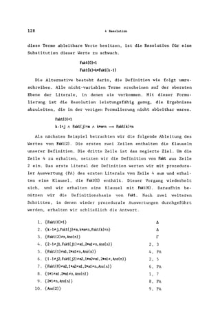 128 4 Resolution
diese Terme ableitbare Werte besitzen, ist die Resolution für eine
Substitution dieser Werte zu schwach.
Fakt(O)=1
Fakt(k)=k*Fakt(k-l)
Die Alternative besteht darin, die Definition wie folgt umzu-
schreiben. Alle nicht-variablen Terme erscheinen auf der obersten
Ebene der Literale, in denen sie vorkommen. Mit dieser Formu-
lierung ist die Resolution leistungsfähig genug, die Ergebnisse
abzuleiten, die in der vorigen Formulierung nicht ableitbar waren.
Fakt(O)=l
k-l=j 1 Fakt(j)=m 1 k*m=n = Fakt(k)=n
Als nächstes Beispiel betrachten wir die folgende Ableitung des
Wertes von Fakt(2). Die ersten zwei Zeilen enthalten die Klauseln
unserer Definition. Die dritte Zeile ist das negierte Ziel. Um die
Zeile 4 zu erhalten, setzten wir die Definition von Fakt aus Zeile
2 ein. Das erste Literal der Definition werten wir mit prozedura-
ler Auswertung (PA) des ersten Literals von Zeile 4 aus und erhal-
ten eine Klausel, die Fakt(1) enthält. Dieser Vorgang wiederholt
sich, und wir erhalten eine Klausel mit Fakt(O). Daraufhin be-
nützen wir die Definitionsbasis von Fakt. Nach zwei weiteren
Schritten, in denen wieder prozedurale Auswertungen durchgeführt
werden, erhalten wir schließlich die Antwort.
l. {Fakt(O)=l} !J.
2. {k - i'-"j, Fakt(j)*m, k*m*n, Fakt(k)=n} !J.
3. {Fakt(2)*n, Ans(n)} r
4. {2 -l*jl, Fakt(jl)*ml, 2*ml*n, Ans(n)} 2, 3
5. {Fakt(1)*ml, 2*ml*n, Ans(n)} 4, PA
6. {1-1*j2, Fakt(j2)*m2,l*m2*ml, 2*ml*, Ans(n)} 2, 5
7. {Fakt(O)*m2,1*m2*ml, 2*ml*n, Ans(n)} 6, PA
8. {1*l*ml, 2*ml*n, Ans(n)} 1, 7
9. {2*1*n, Ans(n)} 8, PA
10. { Ans(2)} 9, PA
 