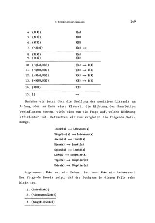 5 Resolutionsstrategien 149
4. {K(A)} K(A)
5. {K(B)} K(B)
6. {N(B)} N(B)
7. {,R(z)} R(z) ==>
8. {P(A)} P(A)
9. {P(B)} P(B)
10. {,Q(A), R(A)} Q(A) ==> R(A)
11. {,Q(B),R(B)} Q(B) ==> R(B)
12. {,N(A), R(A)} N(A) ==> R(A)
13. {,N(B), R(B)} N(B) ==> R(B)
14. {R(B)} R(B)
15. 0 ==>
Nachdem wir jetzt über die Stellung des positiven Literals am
Anfang oder am Ende einer Klausel, die Richtung der Resolution
beeinflussen können, wirft dies nun die Frage auf, welche Richtung
effizienter ist. Betrachten wir zum Vergleich die folgende Satz-
menge.
Insekt(x) ==> Lebewesen(x)
Säugetier(x) ==> Lebewesen(x)
Ameise(x) ==> Insekt(x)
Biene(x) ==> Insekt(x)
Spinne(x) ==> Insekt(x)
Löwe(x) ==> Säugetier(x)
Tiger(x) ==> Säugetier(x)
Zebra(x) ==> Säugetier(x)
Angenommen, Zeke sei ein Zebra. Ist dann Zeke ein Lebewesen?
Der folgende Beweis zeigt, daß der Suchraum in diesem Falle sehr
klein ist.
l. {Zebra(Zeke)}
2. {,Lebewesen(Zeke)}
3. {Säugetier(Zeke)}
 