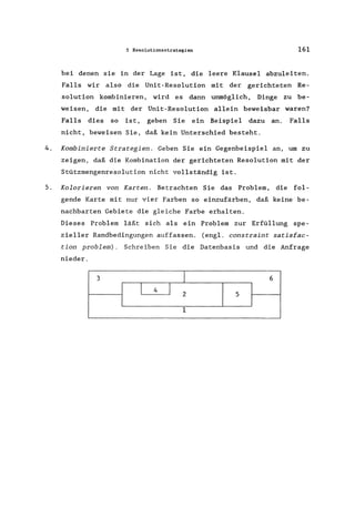 5 Resolutionsstrategien 161
bei denen sie in der Lage ist, die leere Klausel abzuleiten.
Falls wir also die Unit-Resolution mit der gerichteten Re-
solution kombinieren, wird es dann unmöglich, Dinge zu be-
weisen, die mit der Unit-Resolution allein beweisbar waren?
Falls dies so ist, geben Sie ein Beispiel dazu an. Falls
nicht, beweisen Sie, daß kein Unterschied besteht.
4. Kombinierte Strategien. Geben Sie ein Gegenbeispiel an, um zu
zeigen, daß die Kombination der gerichteten Resolution mit der
Stützmengenresolution nicht vollständig ist.
5. Kolorieren von Karten. Betrachten Sie das Problem, die fol-
gende Karte mit nur vier Farben so einzufärben, daß keine be-
nachbarten Gebiete die gleiche Farbe erhalten.
Dieses Problem läßt sich als ein Problem zur Erfüllung spe-
zieller Randbedingungen auffassen. (engl. constraint satisfac-
tion problem). Schreiben Sie die Datenbasis und die Anfrage
nieder.
3 I 6
l 4 J 2 5
1
 